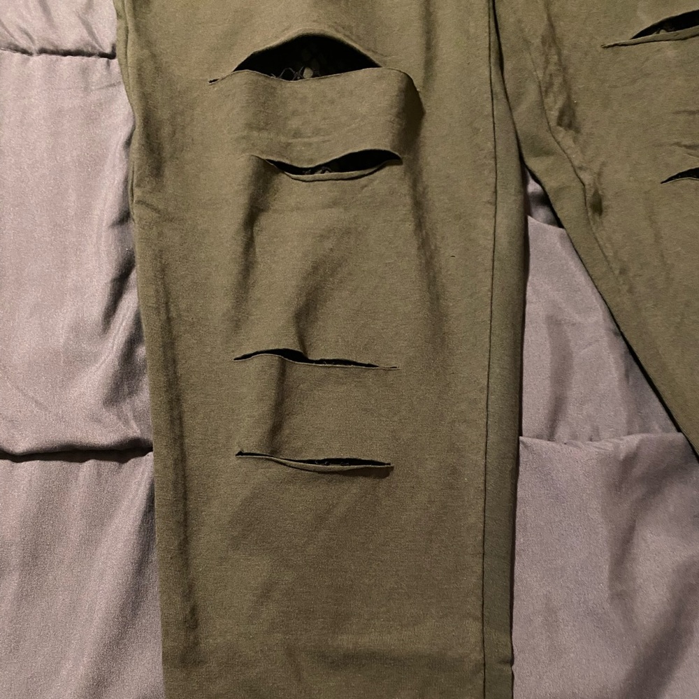 Olive Green Distressed Fishnet Panel Leggings - Women - Picture 3 of 4